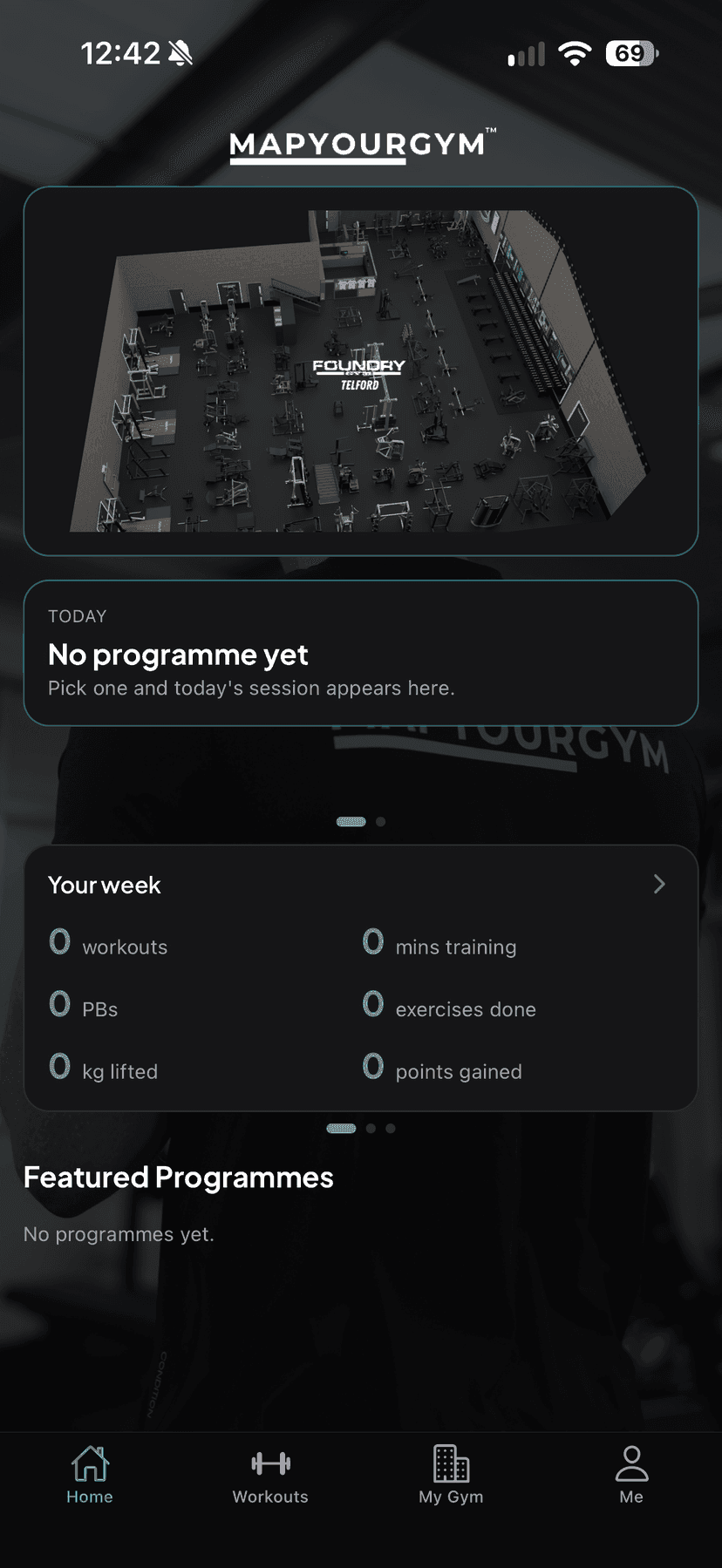 The MapYourGym home screen, with the gym's floor plan at the top and the member's week below