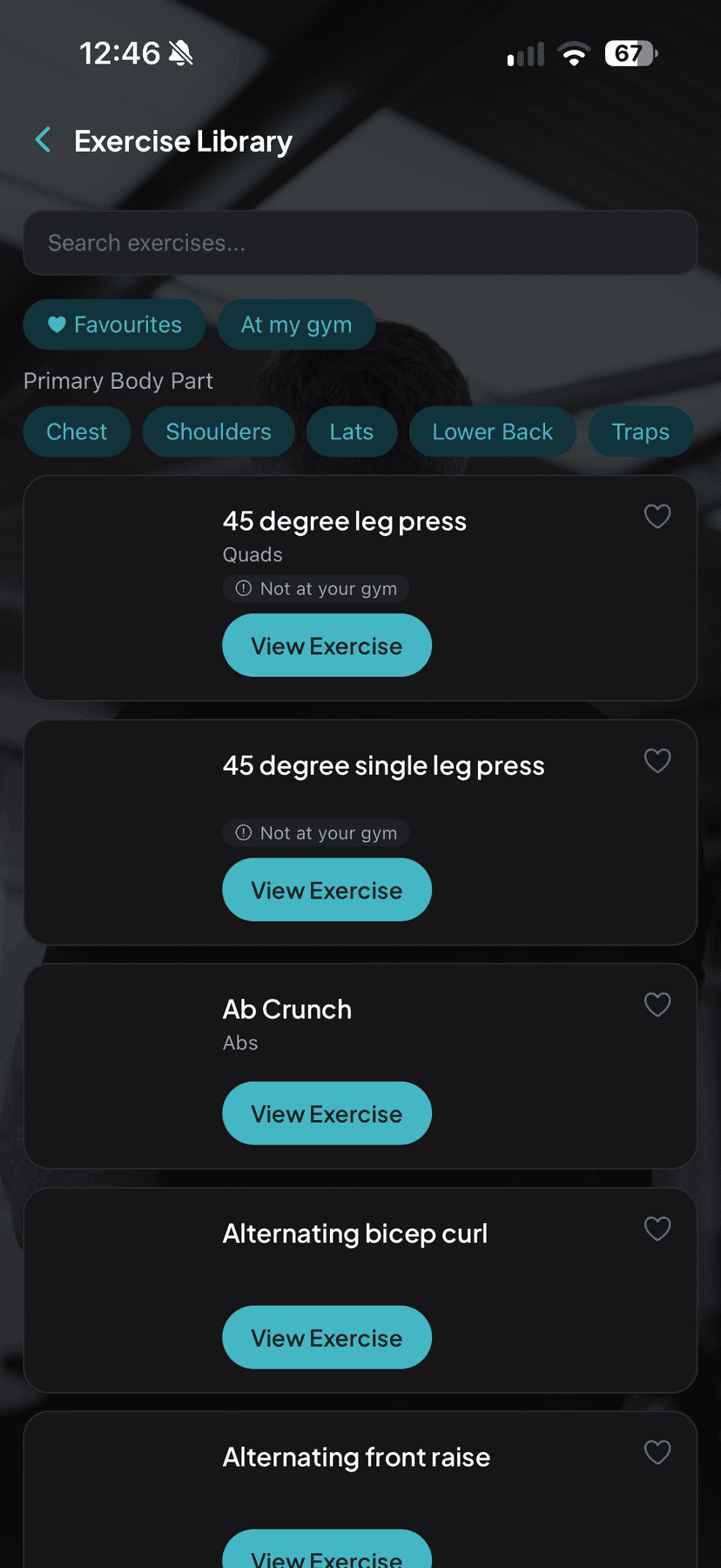 The exercise library in the MapYourGym app, with filters for body part and a note against anything the gym does not have