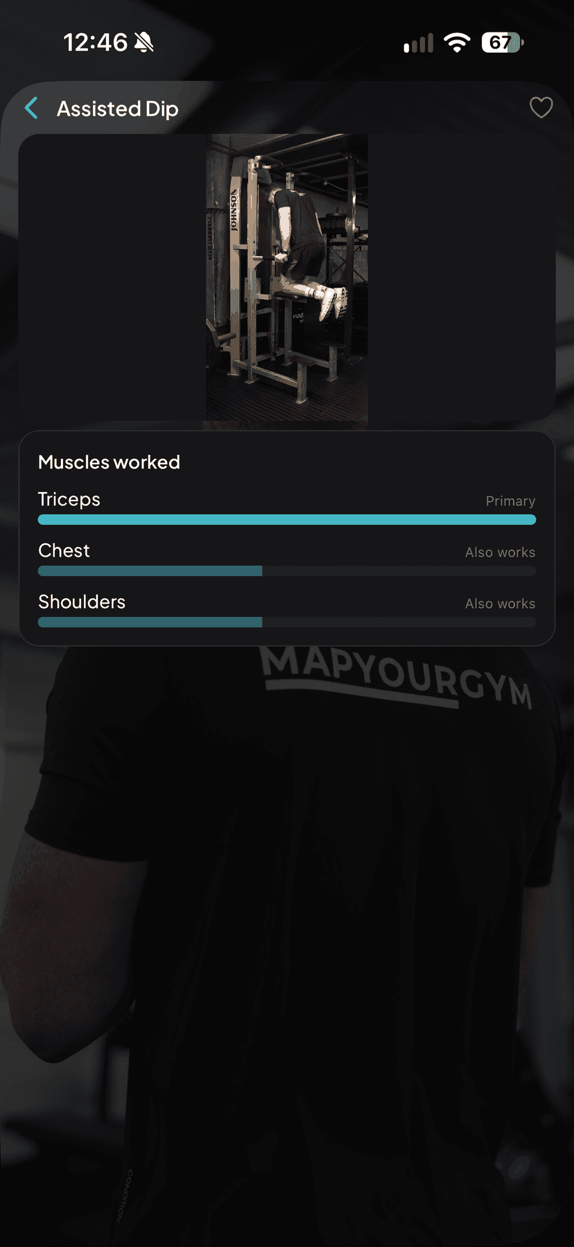An exercise page in the MapYourGym app, showing a demonstration video and the muscles it works