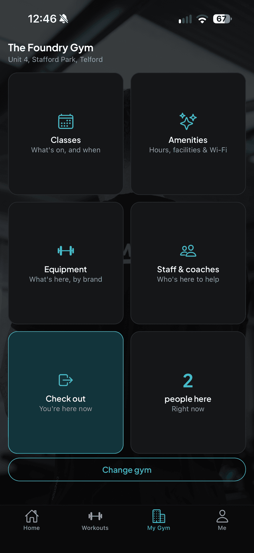 The My Gym screen in the MapYourGym app, with staff and coaches alongside classes, amenities and equipment