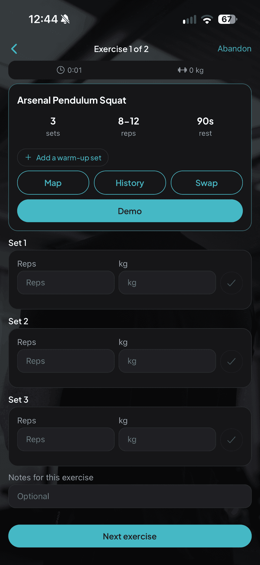 A workout in progress in the MapYourGym app, showing sets to complete and buttons for the map, history and a demo video